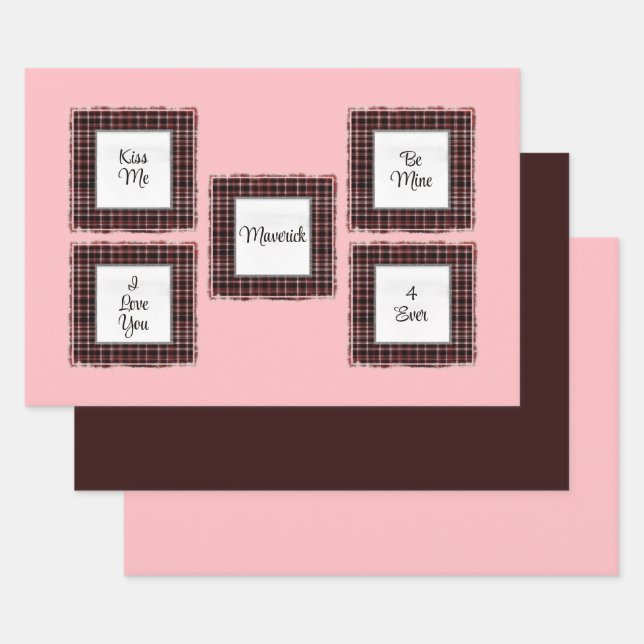 Personalized Plaid Pink Brown Matched Valentine's Wrapping Paper Sheet (Set)