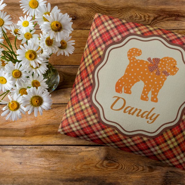 Personalized Plaid Polka Dot Doodle Tan Dog  Throw Pillow (Honor your Doodle with his own personalized pillow on the couch!)