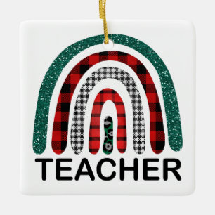Personalized Plaid Rainbow Teacher Christmas Gift Ceramic Ornament