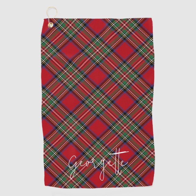 Personalized Plaid Red Green Rustic Stewart Tartan Golf Towel (Front)