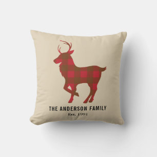 Personalized Plaid Reindeer Christmas Throw Pillow