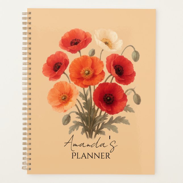 Personalized Planner, Colourful Poppy Flower Flora Planner (Front)