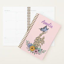 Personalized Planner with skull hand in flowers