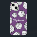 Personalized Player Name Volleyball Purple Case-Mate iPhone 14 Case<br><div class="desc">A cool iPhone case featuring a custom name and a smattering of volleyballs on a soft purple backdrop.</div>