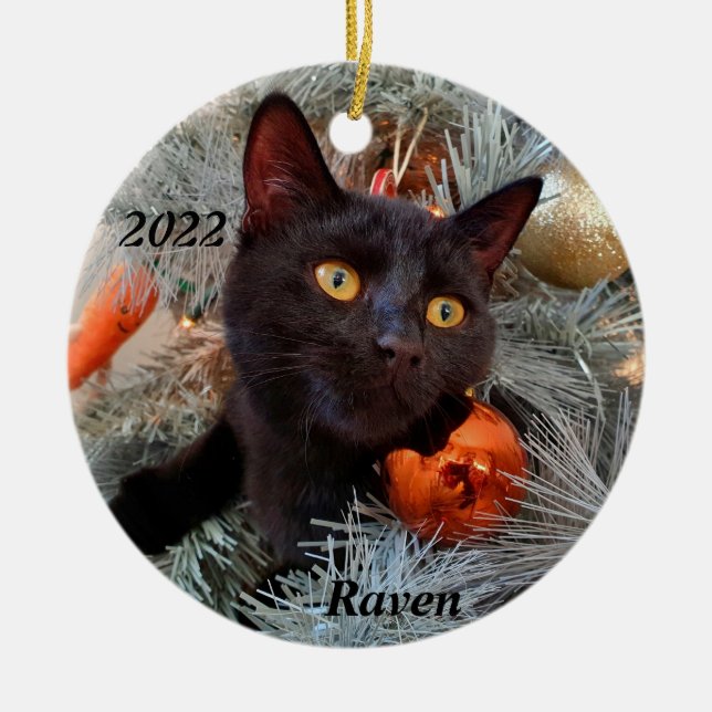 Personalized Playful Black Cat in Christmas Tree  Ceramic Ornament (Front)