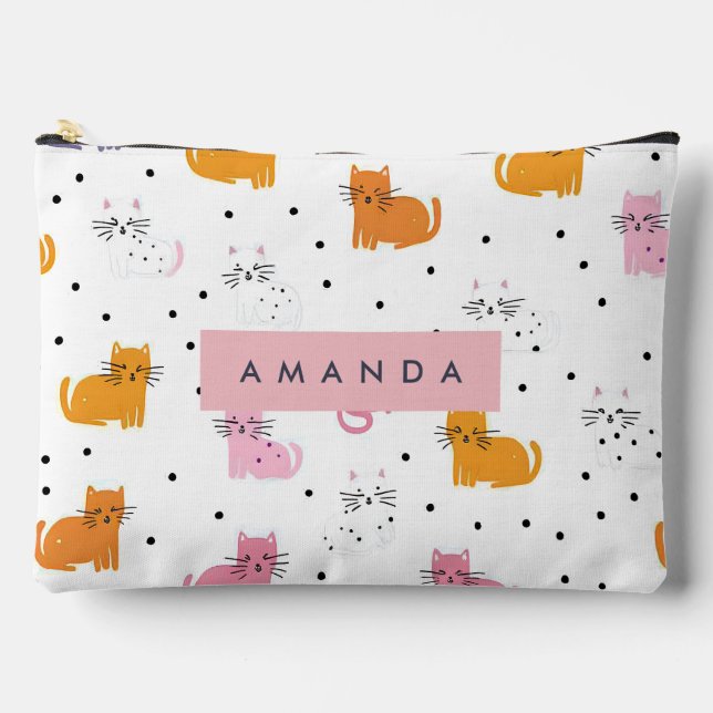 Personalized Playful Cat Pattern with Polka Dots  Accessory Pouch (Front)