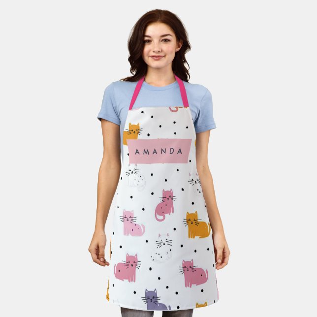 Personalized Playful Cat Pattern with Polka Dots  Apron (Worn)