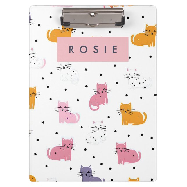 Personalized Playful Cat Pattern with Polka Dots  Clipboard (Front)