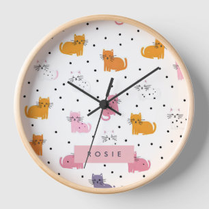 Personalized Playful Cat Pattern with Polka Dots Clock