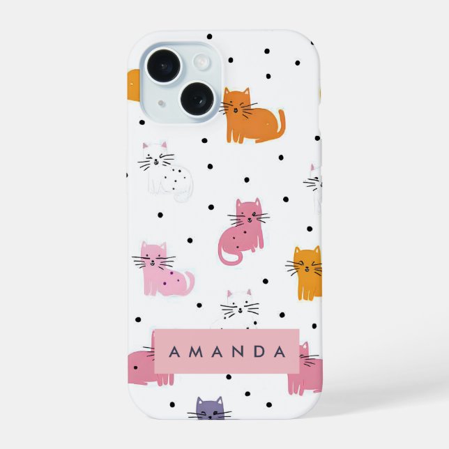 Personalized Playful Cat Pattern with Polka Dots  iPhone 15 Case (Back)