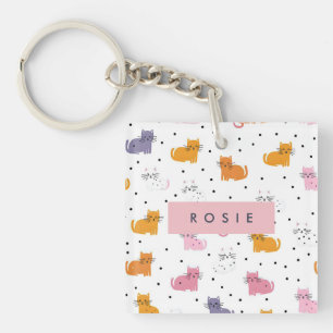 Personalized Playful Cat Pattern with Polka Dots Keychain