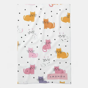 Personalized Playful Cat Pattern with Polka Dots Kitchen Towel