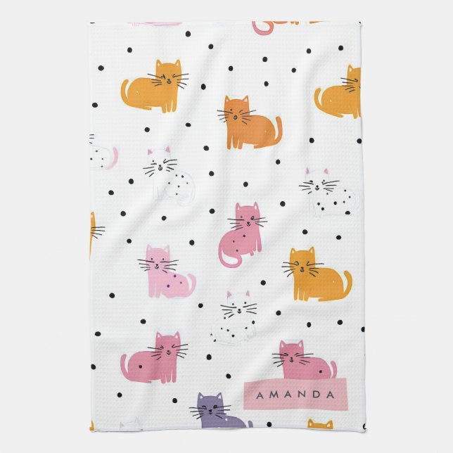 Personalized Playful Cat Pattern with Polka Dots Kitchen Towel (Vertical)
