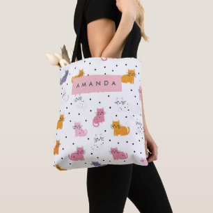 Personalized Playful Cat Pattern with Polka Dots Tote Bag