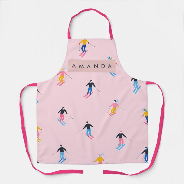 Personalized Playful Pastel Skiers Retro Apron (Front)