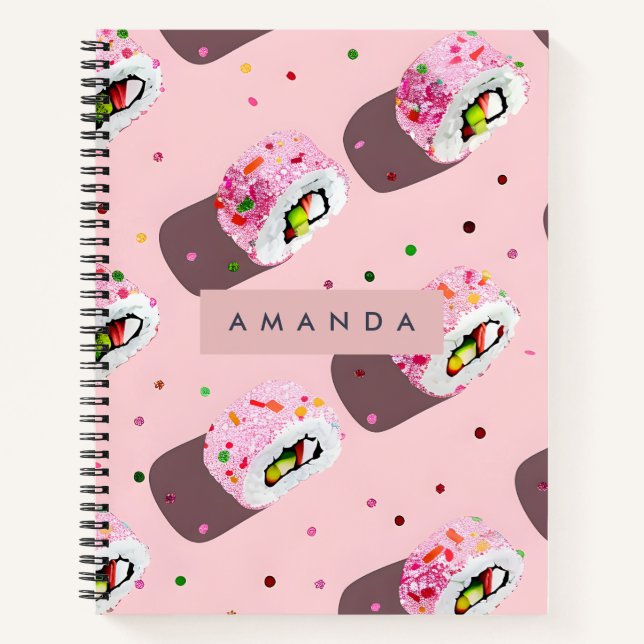 Personalized Playful Pink Sushi Roll  Notebook (Front)