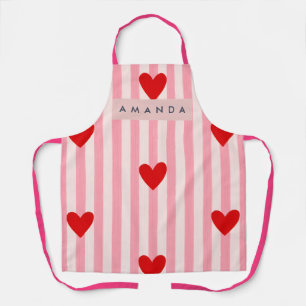 Personalized Playful Red Heart & Pink Stripe Apron