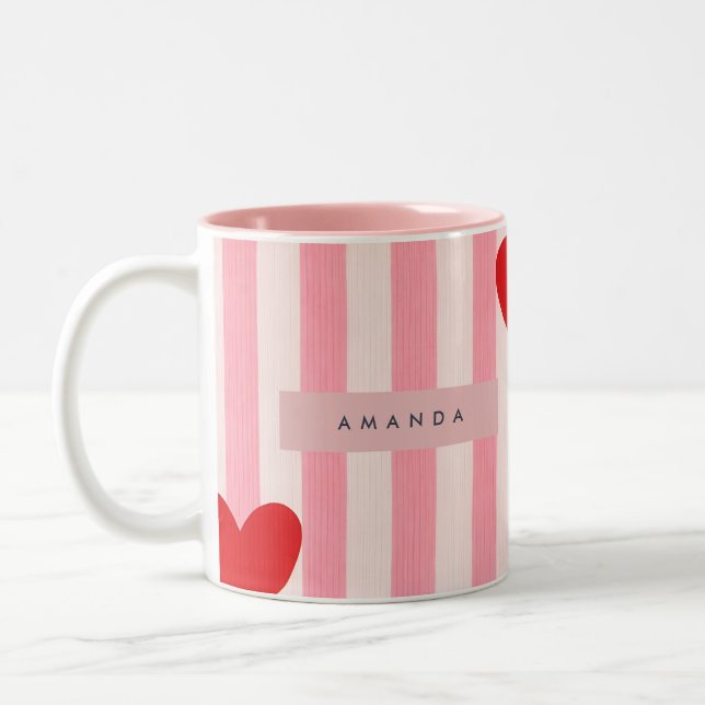 Personalized Playful Red Heart & Pink Stripe  Two-Tone Coffee Mug (Left)