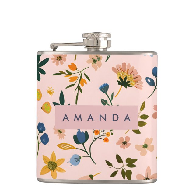 Personalized Playful Wildflower in Peach Hip Flask (Front)