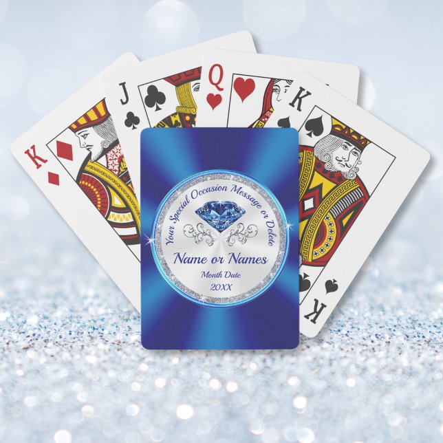 Personalized Playing Cards, Gorgeous Sapphire Cards (65th anniversary presents. Inexpensive anniversary gifts. 45th birthday party favors for adults.)