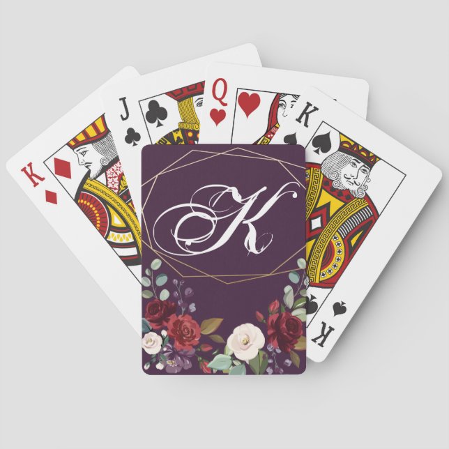 Personalized Playing Cards Plum Purple Roses Gold (Back)