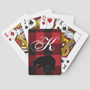 Personalized Playing Cards Red Buffalo Plaid Bear