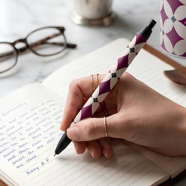 Personalized Plum & Cream Encaustic Tile Monogram Black Ink Pen (Creator Uploaded)