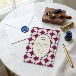 Personalized Plum Cream Navy Tile Flat Thank You Card