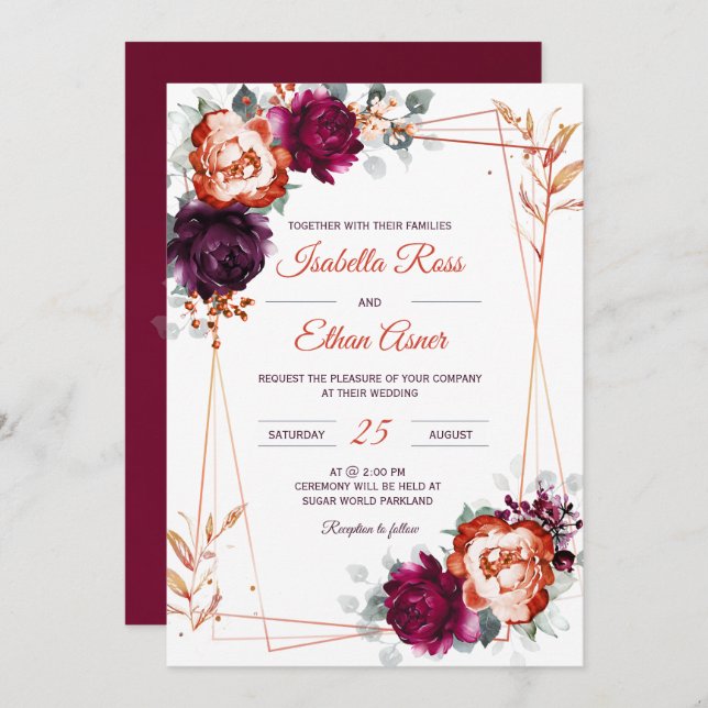 Personalized  Plum, Mauve and Orange Wedding  Invitation (Front/Back)
