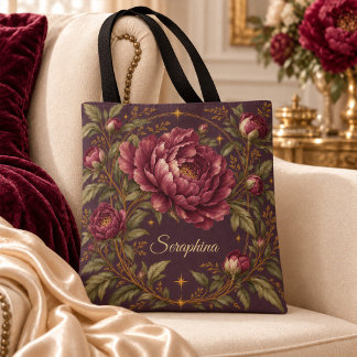 Personalized Plum Peony Gold Botanical Tote Bag