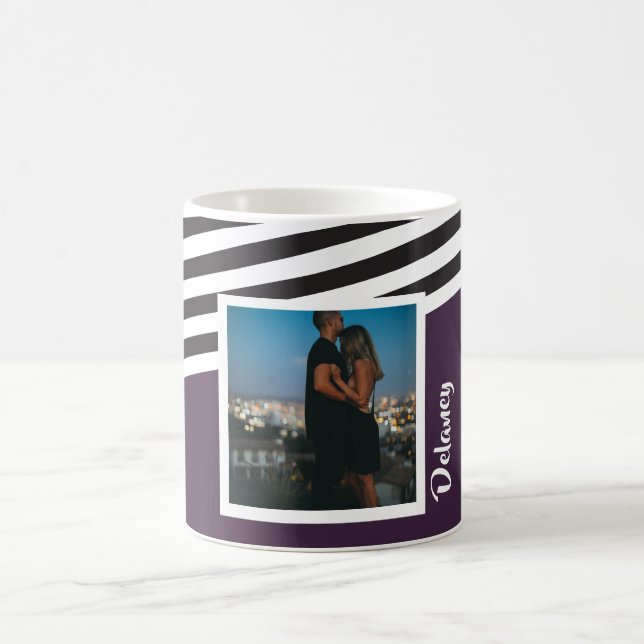 Personalized Plum Purple And Striped Pattern Photo Coffee Mug (Center)