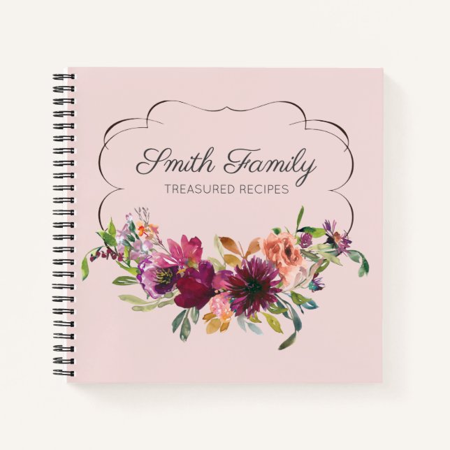 Personalized Plum Purple Blush Pink Floral Recipe Notebook (Front)