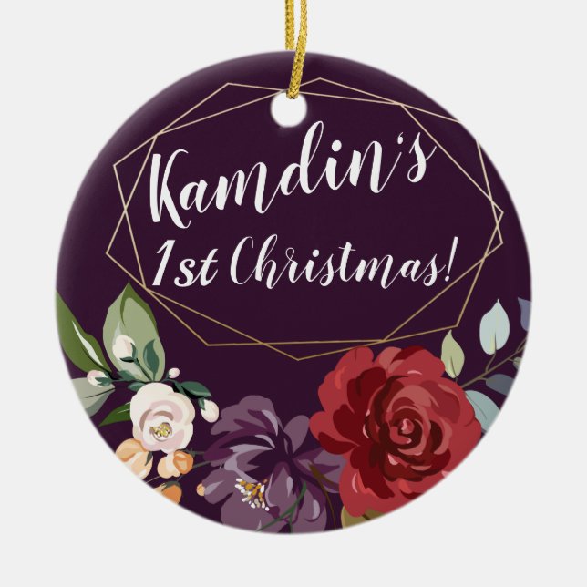 Personalized Plum Purple Roses Gold Geometric Flor Ceramic Ornament (Front)