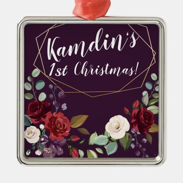 Personalized Plum Purple Roses Gold Geometric Flor Metal Ornament (Front)