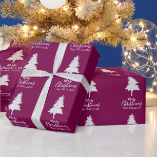 Personalized Plum White Christmas Tree Family Name Wrapping Paper