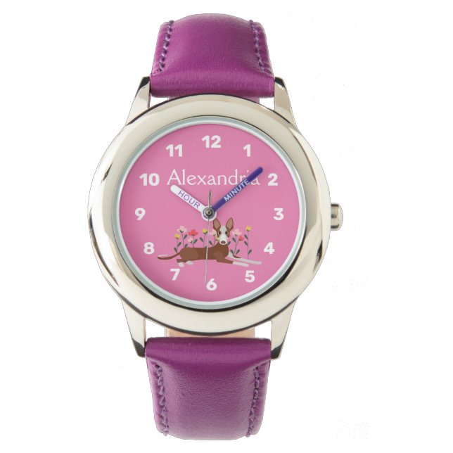 Personalized Podenco Dog Floral Girly Pink Watch (Front)