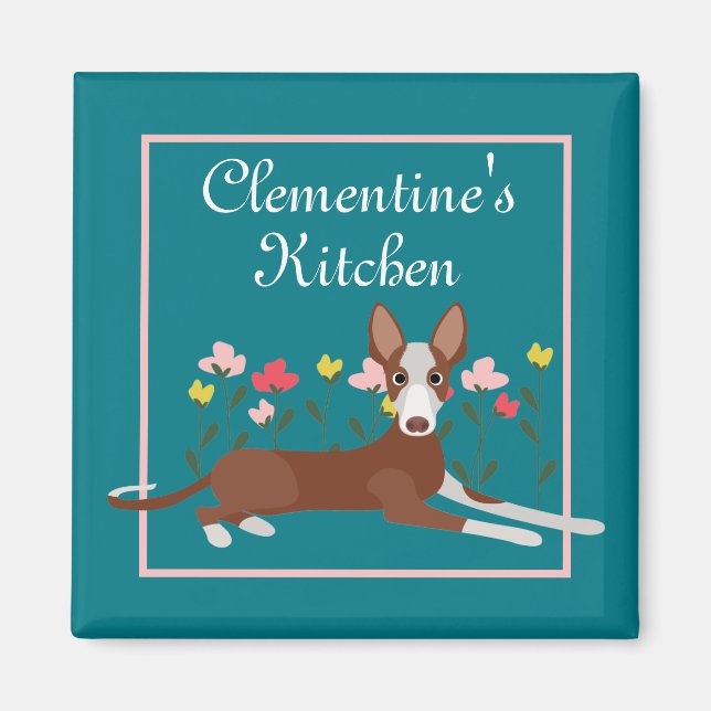 Personalized Podenco Dog Girly Floral Blue Fridge Magnet (Front)