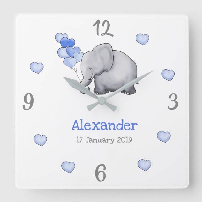 Personalized Poetic Baby Balloons Elephant Nursery Square Wall Clock (Front)