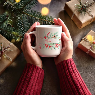 Personalized poinsettia and greenery Christmas Coffee Mug