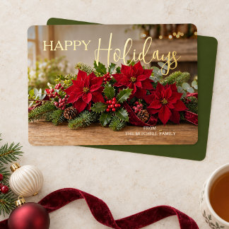 Personalized Poinsettia Bouquet Photo Gold Foil Holiday Card