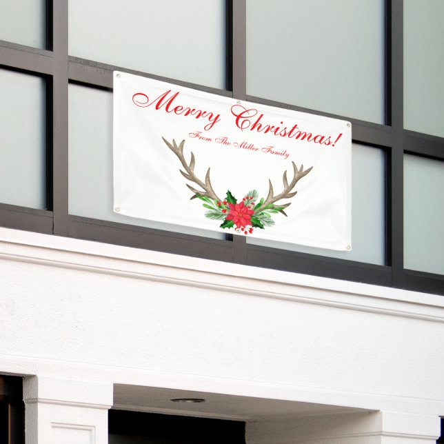 Personalized Poinsettia Christmas Family  Banner (Outside Building)