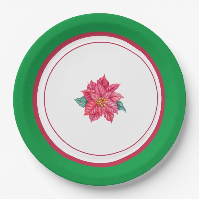 Personalized Poinsettia Christmas Plates, Holiday  Paper Plate (Front)