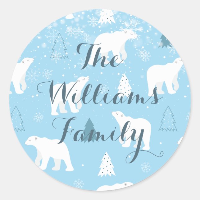Personalized  Polar Bear Snowflakes Classic Round Sticker (Front)