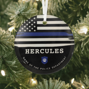 Personalized Police Dog K9 Officer Thin Blue Line Glass Ornament