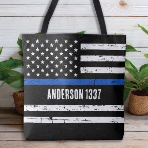 Personalized Police Flag Thin Blue Line Tote Bag