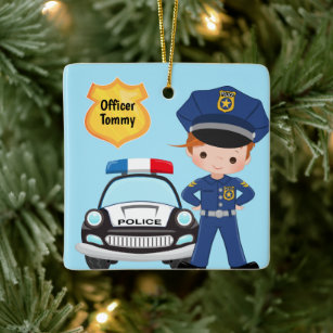 Personalized Police Officer and Patrol Car Kids Ceramic Ornament