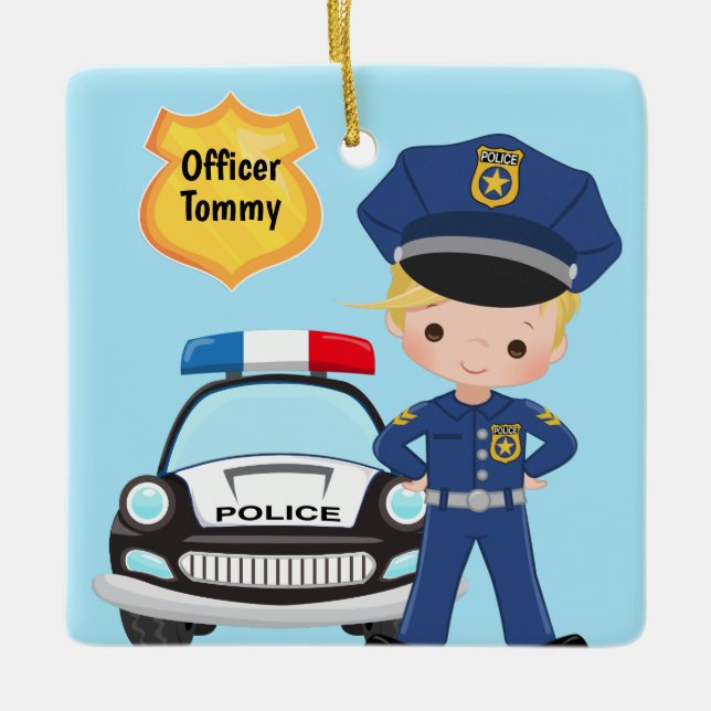Personalized Police Officer and Patrol Car Kids Ceramic Ornament (Front)