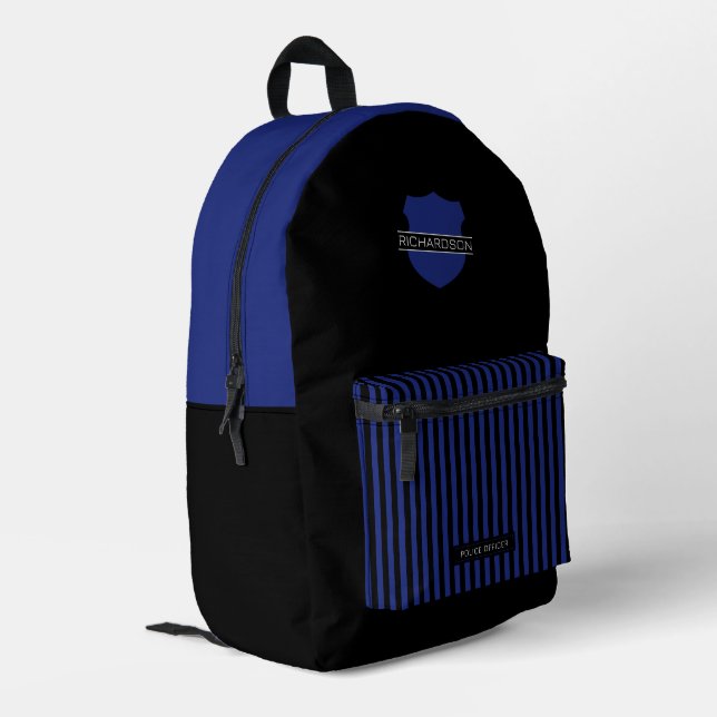 Personalized Police Officer Badge Blue Stripes Printed Backpack (Back Corner Left)