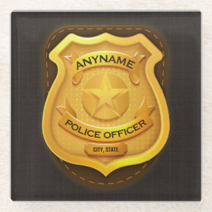 Personalized Police Officer Sheriff Cop NAME Badge Glass Coaster