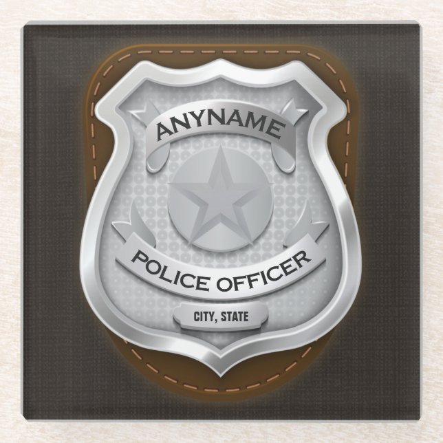 Personalized Police Officer Sheriff Cop NAME Badge Glass Coaster (Front)